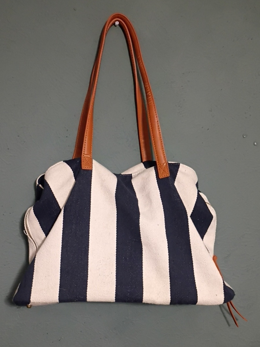 MMS Striped Navy and White Canvas Tote with Tan Handles